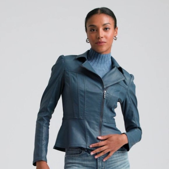 WHBM $200 Coated Denim Peplum Jacket Blue True Indigo - Picture 6 of 10